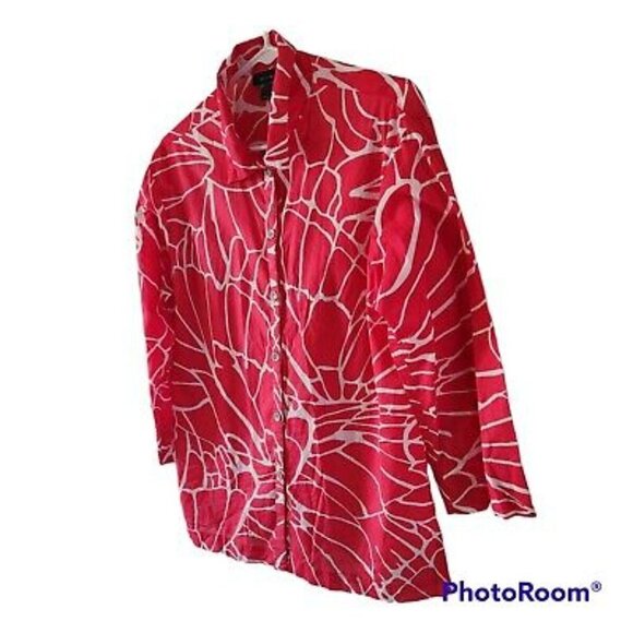 Natori Pink White Button Front Cotton Blouse 3/4 Sleeves Women Size Small - Picture 4 of 6